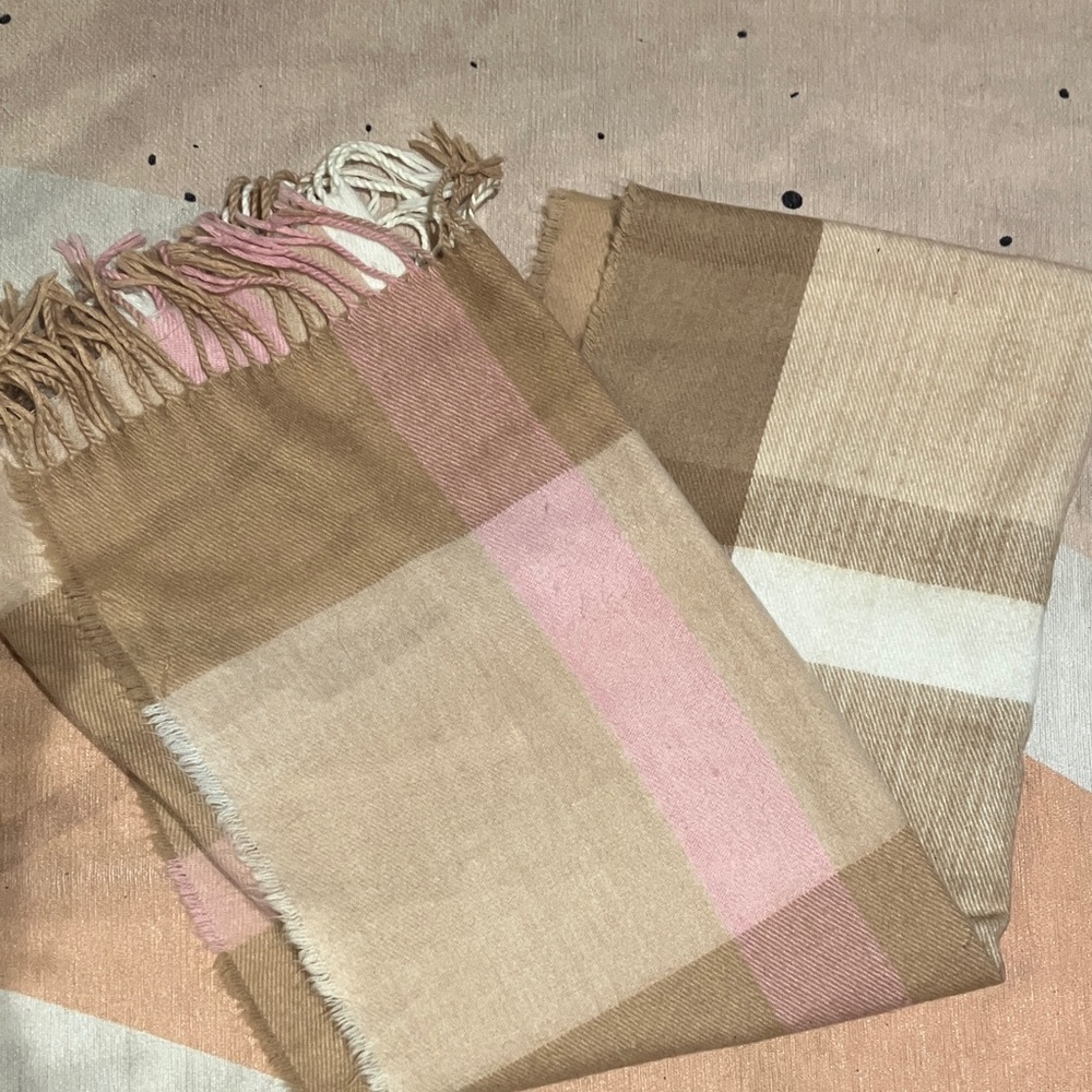 Miss Selfridge Plaid Fringe Scarf in Pink and Tan